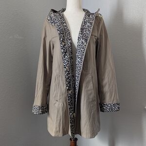 Jones New York Leopard Lined Hooded Utility Raincoat Jacket Anorak Small